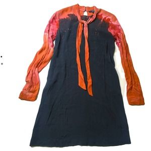 Long sleeve tie neck shift dress with contrast shoulders and sleeves